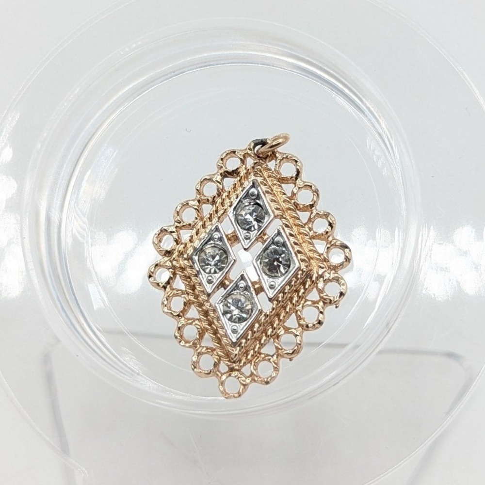 Sarah Coventry Vintage Gold Tone Rhinestone Diamond Shaped Filigree Pendant